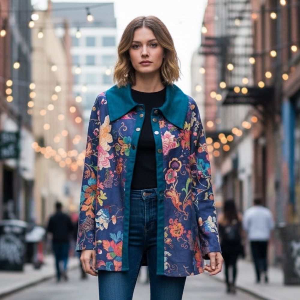 Jayley Collection Faux Suede Floral Snap Smock, OS!